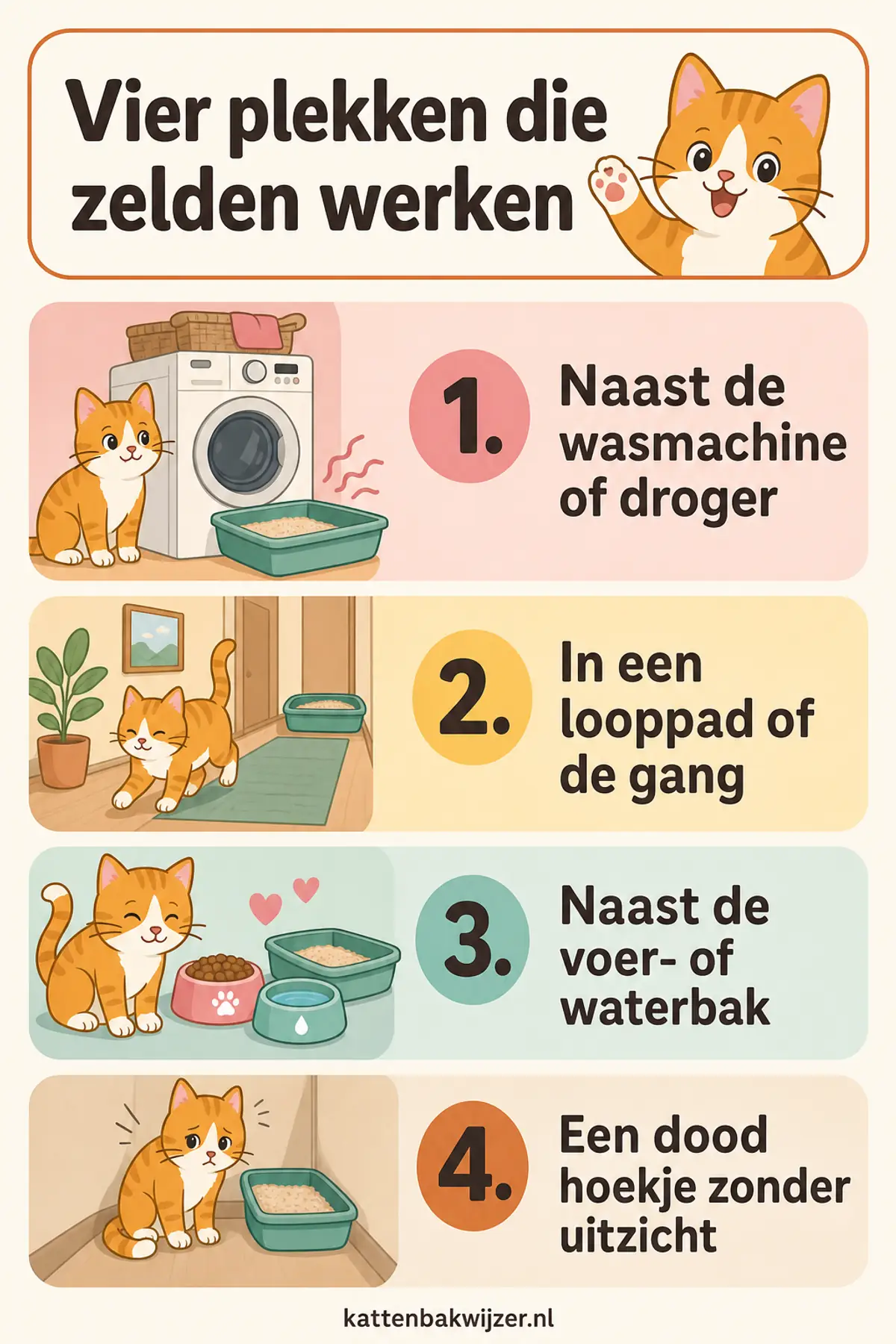 Vier plekken waar een kattenbak zelden werkt: naast de wasmachine of droger, in een looppad, naast de voer- of waterbak en in een dood hoekje zonder uitzicht.