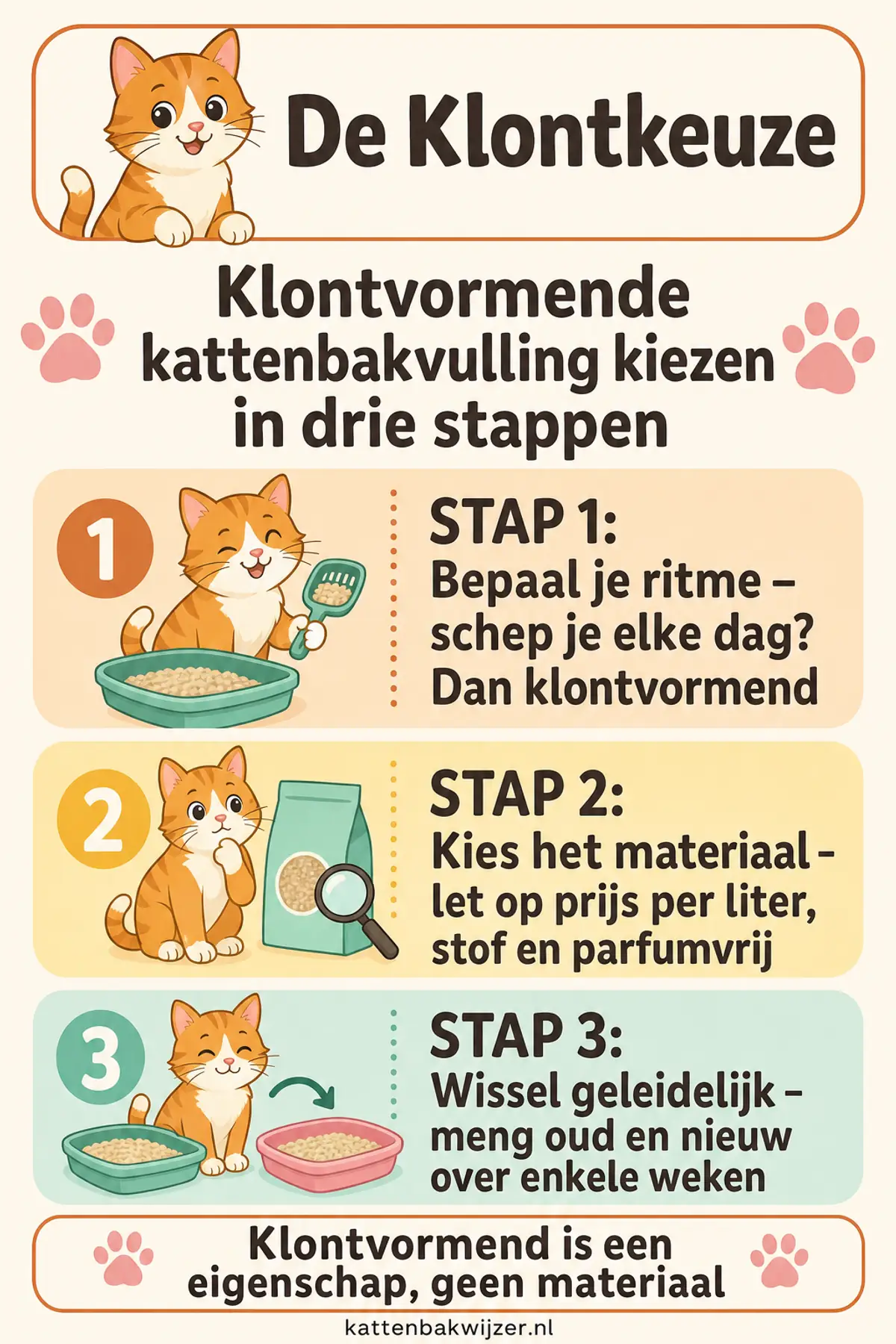 Klontvormende kattenbakvulling kiezen in drie stappen: bepaal eerst je schepritme, kies daarna het materiaal op prijs per liter en parfumvrij, en meng oude en nieuwe vulling over enkele weken door elkaar.