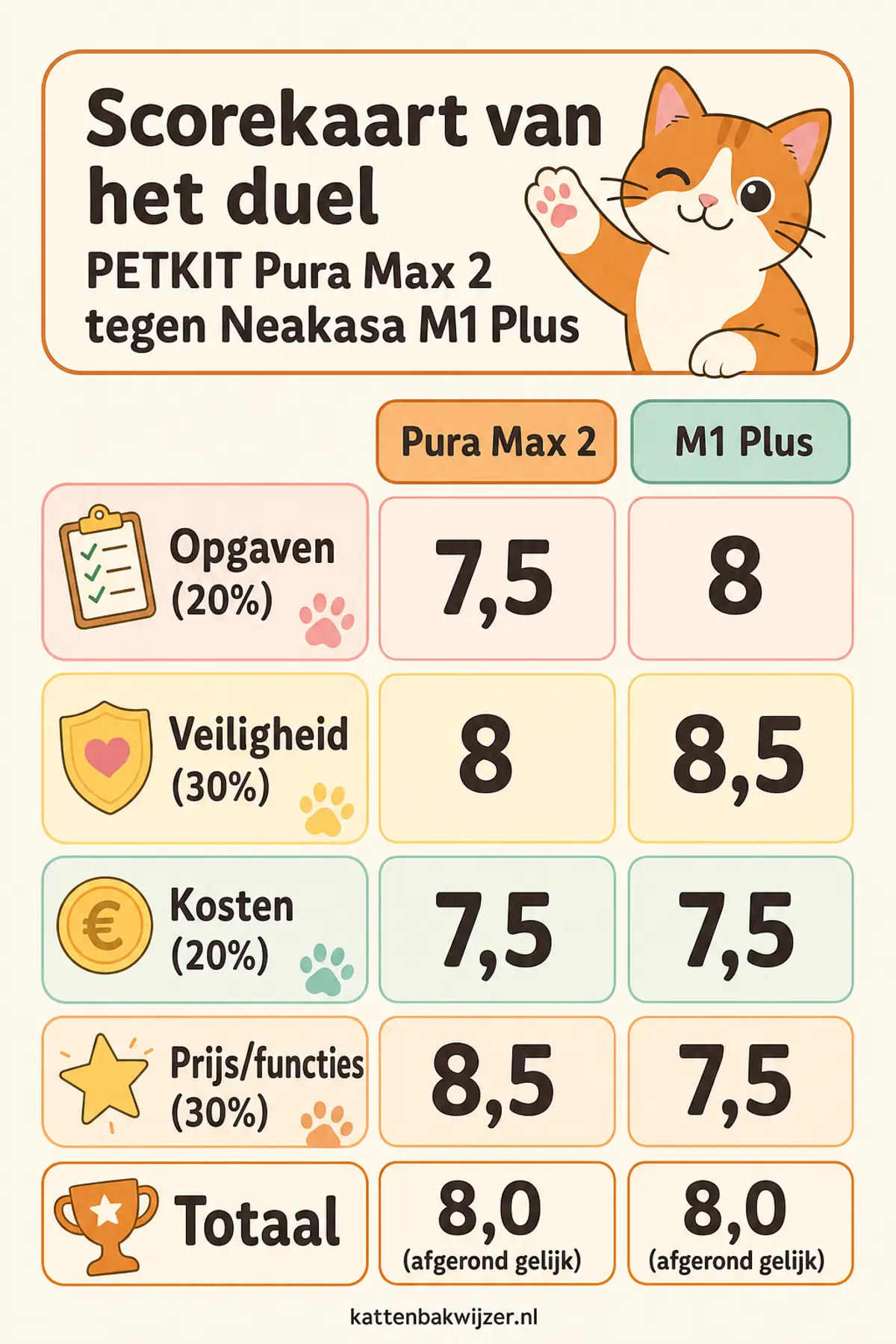 Scorekaart van het duel: PETKIT Pura Max 2 en Neakasa M1 Plus eindigen afgerond allebei op 8,0 — subscores per criterium met hun vaste weging.