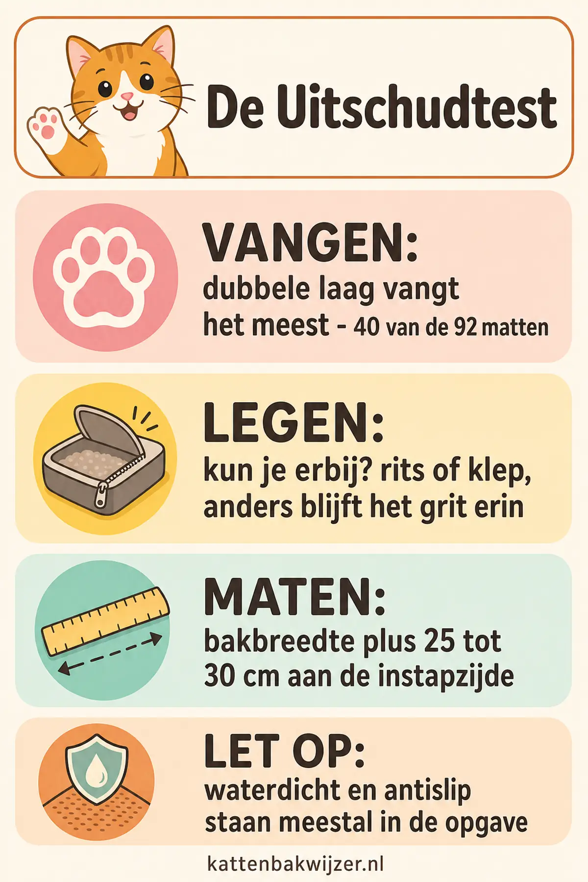 De uitschudtest voor een kattenbakmat: een dubbele laag vangt het meeste grit, maar controleer of je er via een rits of klep bij kunt om hem te legen, meet de bakbreedte plus 25 tot 30 centimeter aan de instapzijde, en let op waterdicht en antislip in de opgave.