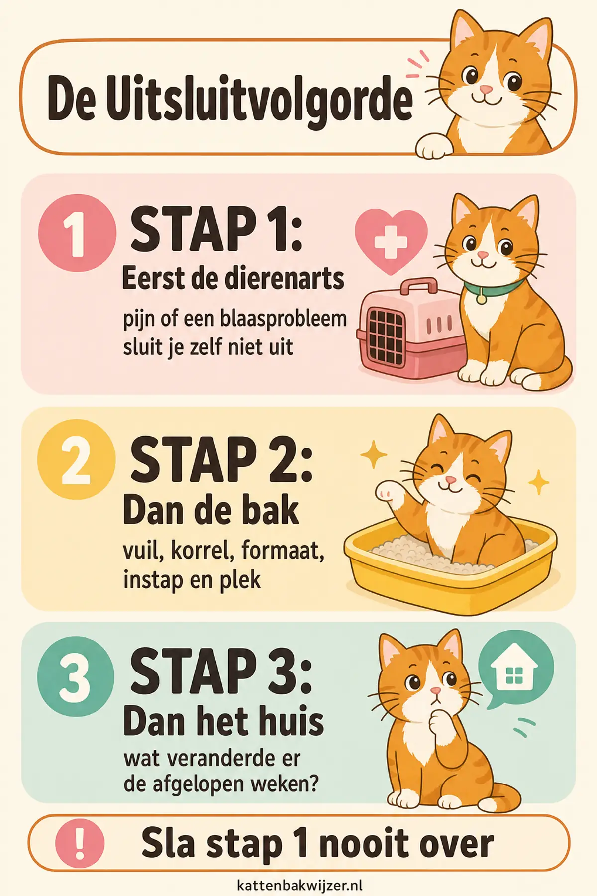 De uitsluitvolgorde bij een kat die naast de kattenbak plast: eerst een medische oorzaak uitsluiten bij de dierenarts, dan de bak en de korrel nalopen, en pas daarna kijken wat er in huis is veranderd.