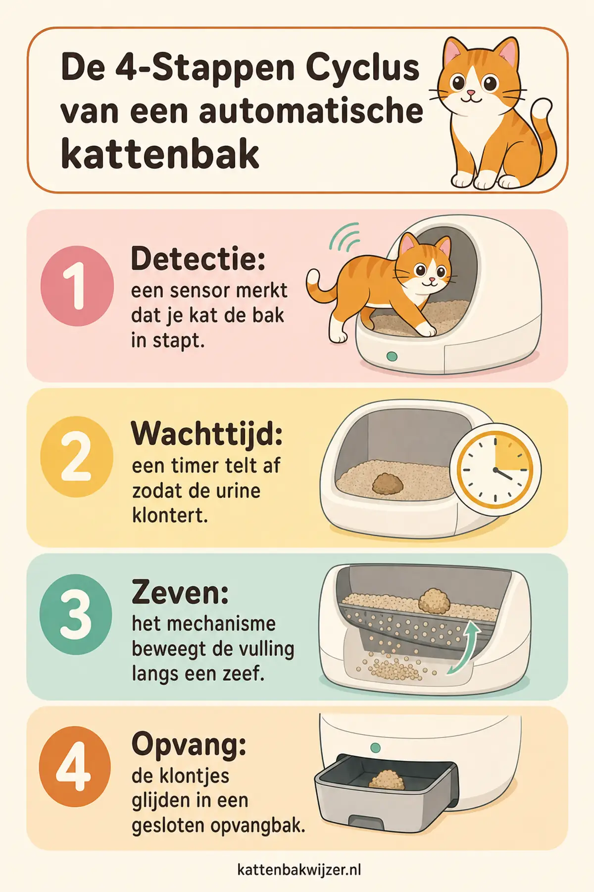 De 4-Stappen Cyclus van een automatische kattenbak: detectie door de sensor, wachttijd op de timer, zeven van de klontjes en opvang in de gesloten lade.