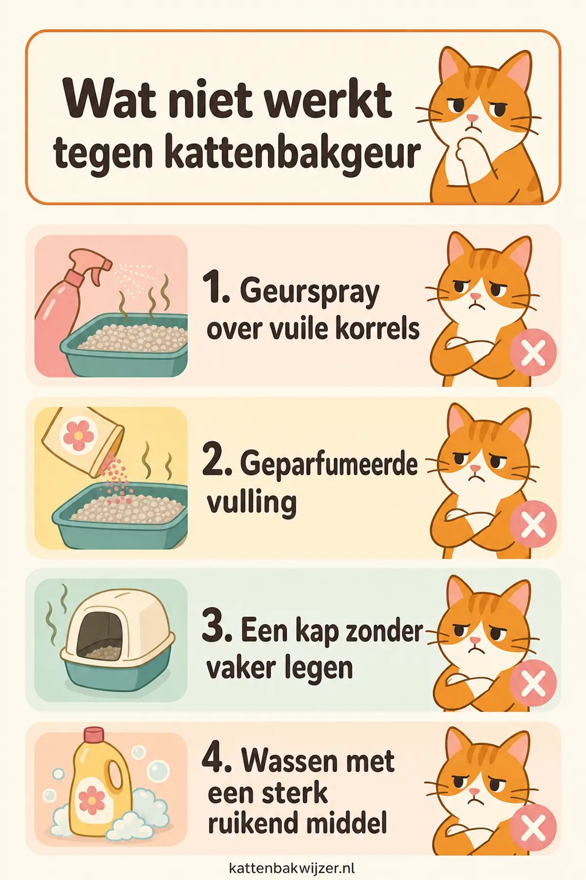 Wat niet werkt tegen kattenbakgeur: geurspray over vuile korrels, geparfumeerde vulling, een kap zonder vaker legen en wassen met een sterk ruikend middel.
