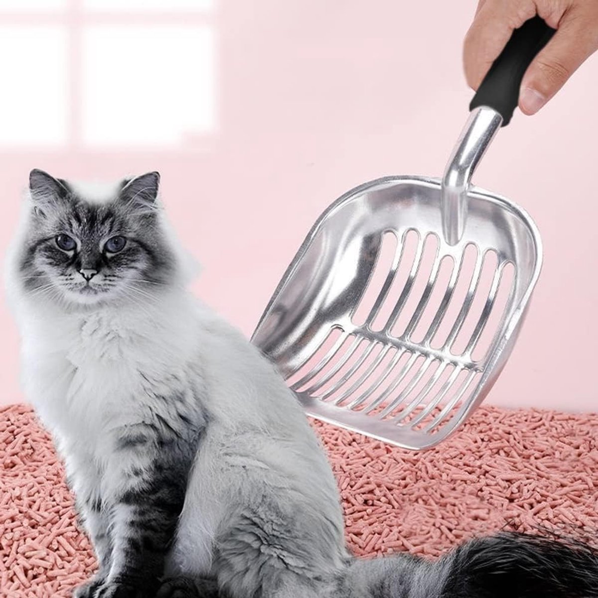 Miniatuur van productfoto 2 van Grote Kattenbak schep - 34 x 13 cm kattenbakschep - Poepschep - Lange steel kattenbakschep - Kattenbakschep van aluminiumlegering - Breed schepoppervlak - Reinigt snel kattenbakvulling - Zilver