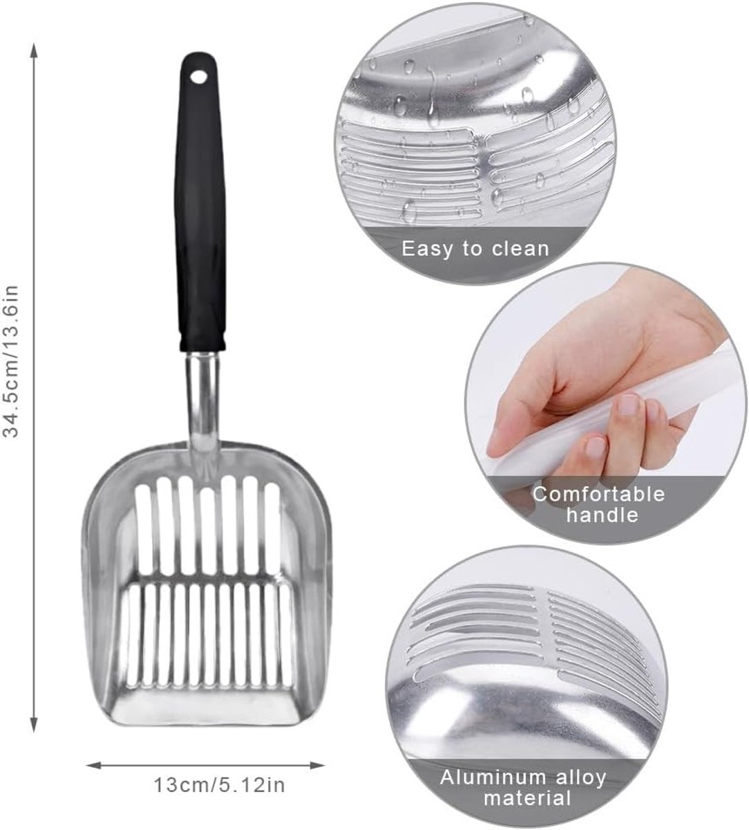 Miniatuur van productfoto 4 van Grote Kattenbak schep - 34 x 13 cm kattenbakschep - Poepschep - Lange steel kattenbakschep - Kattenbakschep van aluminiumlegering - Breed schepoppervlak - Reinigt snel kattenbakvulling - Zilver