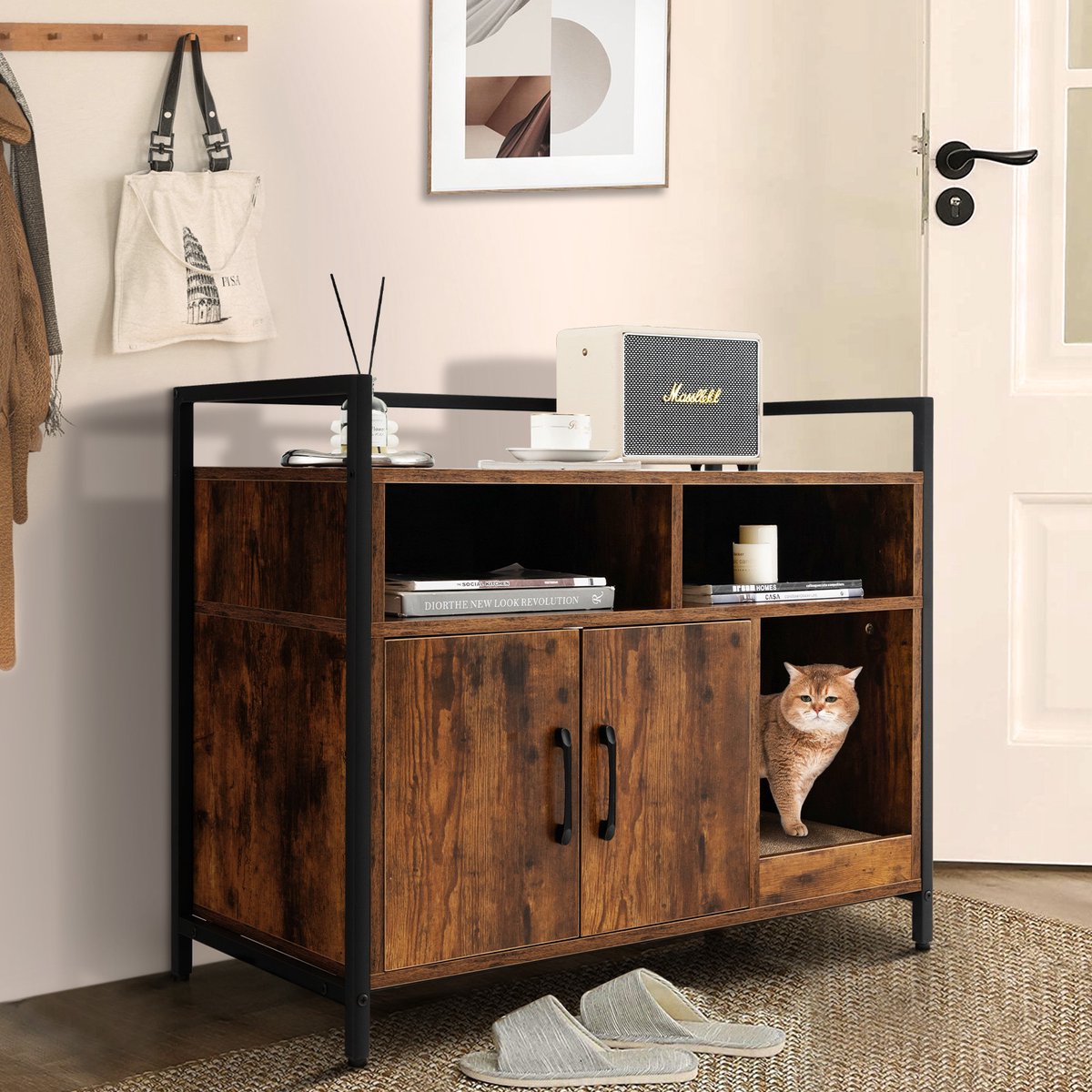 Miniatuur van productfoto 4 van COSTWAY Kattenkast, kattenbak met dubbele deuren en krab-onderlegger, kattenhuis met open plank en 2 vakken, kattenmand, kattenbak, kast, voor katten, honden, huisdieren (bruin)