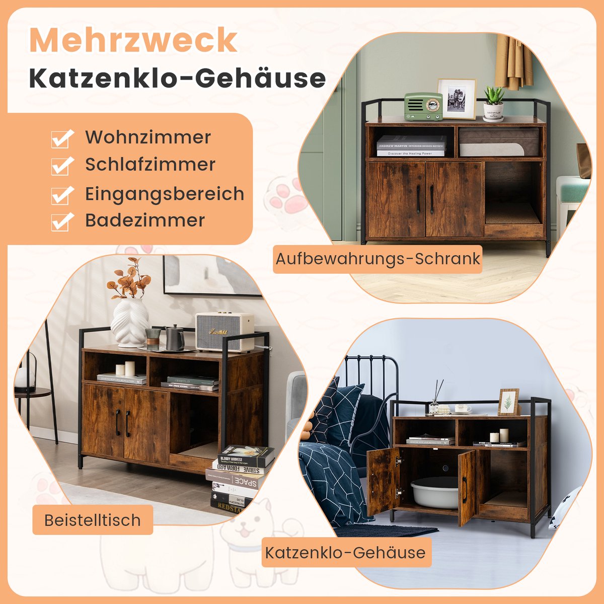 Miniatuur van productfoto 6 van COSTWAY Kattenkast, kattenbak met dubbele deuren en krab-onderlegger, kattenhuis met open plank en 2 vakken, kattenmand, kattenbak, kast, voor katten, honden, huisdieren (bruin)