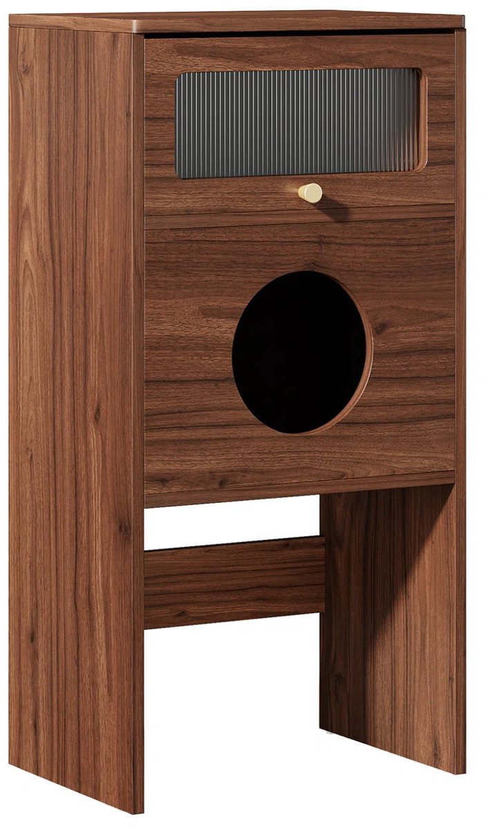 LITTLE TREE Houten Kattenbakschuilhuis - Met Ronde Ingang & Schuifdeur - Modern Eindtafeltje - Hoge Kattentoilet - Geschikt voor Woonkamer, Slaapkamer & Smalle Ruimtes