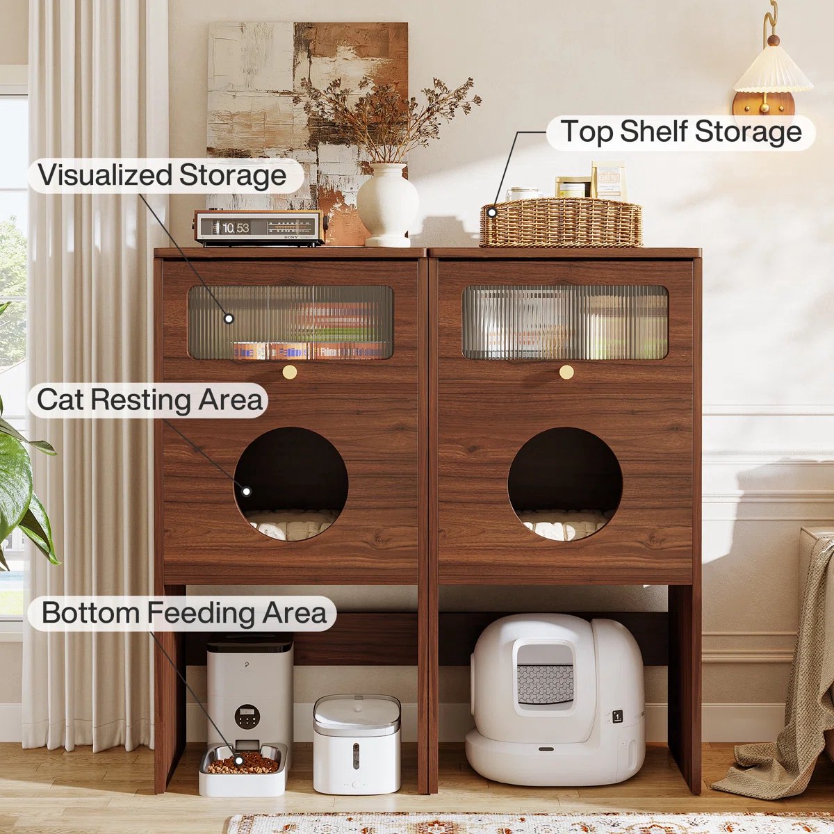 Miniatuur van productfoto 2 van LITTLE TREE Houten Kattenbakschuilhuis - Met Ronde Ingang & Schuifdeur - Modern Eindtafeltje - Hoge Kattentoilet - Geschikt voor Woonkamer, Slaapkamer & Smalle Ruimtes