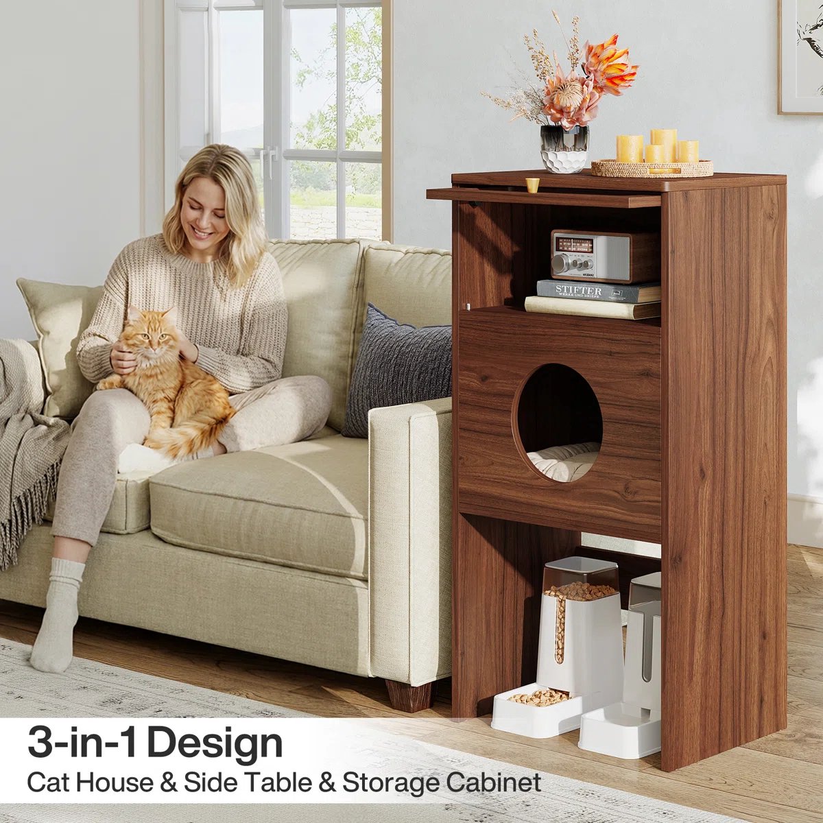 Miniatuur van productfoto 3 van LITTLE TREE Houten Kattenbakschuilhuis - Met Ronde Ingang & Schuifdeur - Modern Eindtafeltje - Hoge Kattentoilet - Geschikt voor Woonkamer, Slaapkamer & Smalle Ruimtes