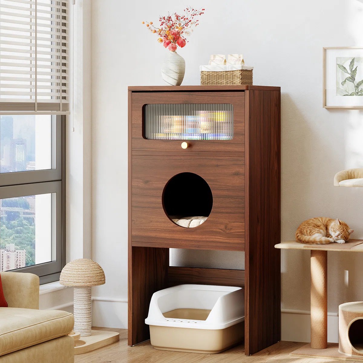 Miniatuur van productfoto 4 van LITTLE TREE Houten Kattenbakschuilhuis - Met Ronde Ingang & Schuifdeur - Modern Eindtafeltje - Hoge Kattentoilet - Geschikt voor Woonkamer, Slaapkamer & Smalle Ruimtes