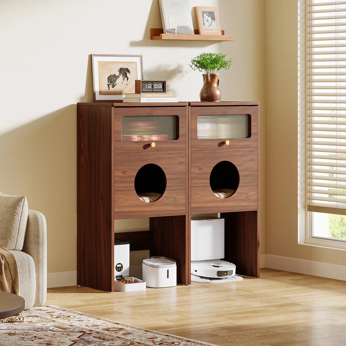 Miniatuur van productfoto 5 van LITTLE TREE Houten Kattenbakschuilhuis - Met Ronde Ingang & Schuifdeur - Modern Eindtafeltje - Hoge Kattentoilet - Geschikt voor Woonkamer, Slaapkamer & Smalle Ruimtes