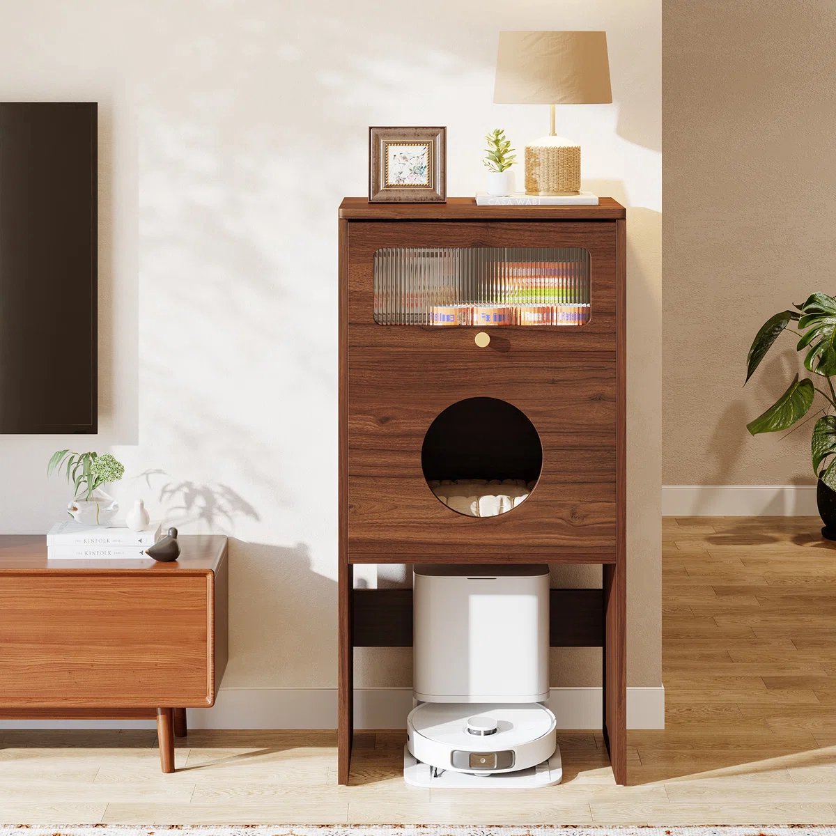 Miniatuur van productfoto 6 van LITTLE TREE Houten Kattenbakschuilhuis - Met Ronde Ingang & Schuifdeur - Modern Eindtafeltje - Hoge Kattentoilet - Geschikt voor Woonkamer, Slaapkamer & Smalle Ruimtes