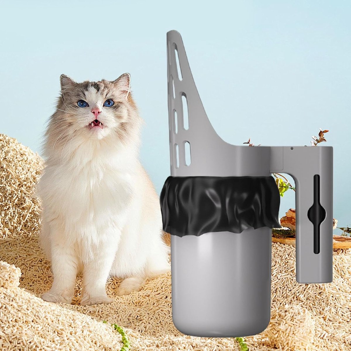 Kattenbakschep - Grote kattenbakschep met gespleten inhoud - Schep voor kattenpoep - Schoonmaakgereedschap voor katten - Draagbare schep - 1 stuk - Grijs