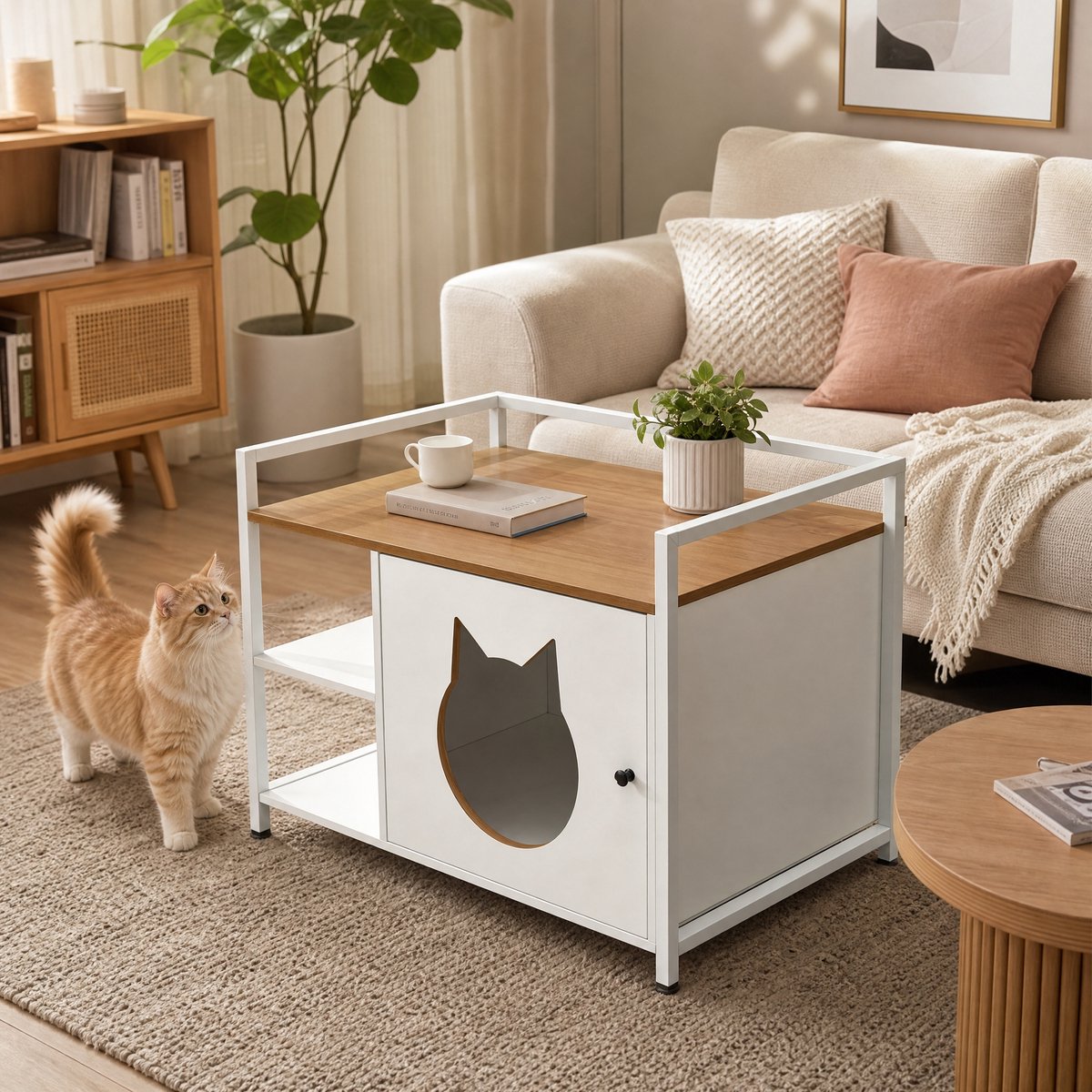 Miniatuur van productfoto 4 van Kattenbak kast - Kattenbak - Kattenbak huis - Meubel - Bijzettafel - Kattenbak meubel - kattenbak - opening voor de kattenkop - 2 planken - opbergruimte - modern kattenmeubel - woonkamer en slaapkamer - Wit
