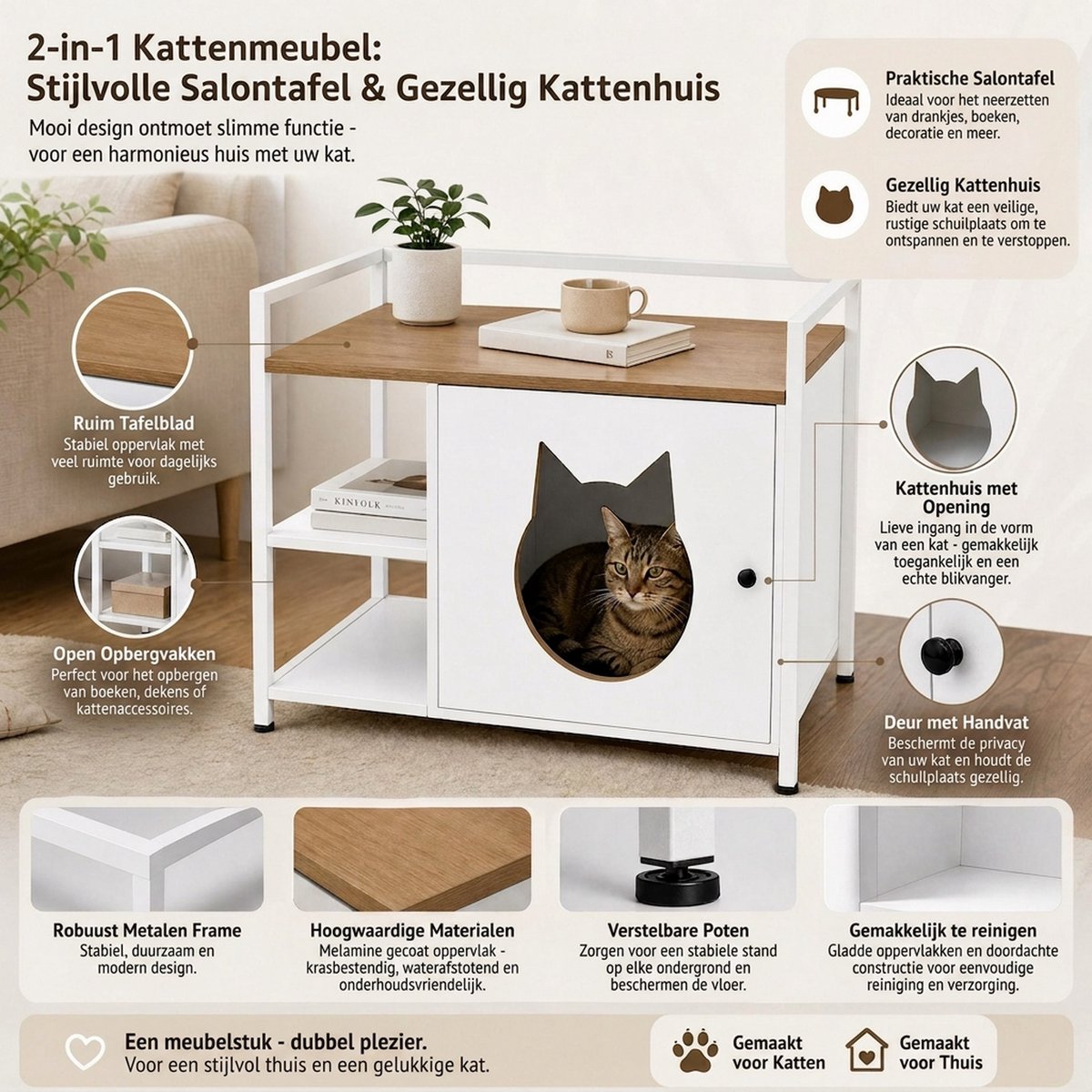 Miniatuur van productfoto 7 van Kattenbak kast - Kattenbak - Kattenbak huis - Meubel - Bijzettafel - Kattenbak meubel - kattenbak - opening voor de kattenkop - 2 planken - opbergruimte - modern kattenmeubel - woonkamer en slaapkamer - Wit