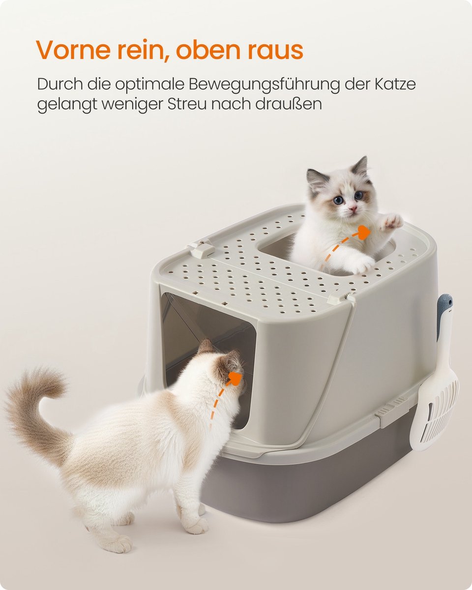 Kattenbak - kattentoilet – Met deksel – Geschikt tot 15 kg - grijs / beige