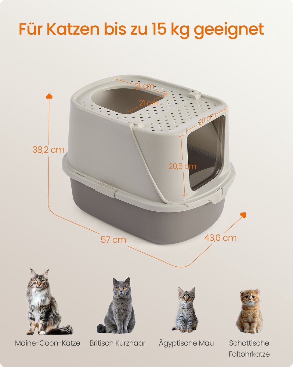 Miniatuur van productfoto 8 van Kattenbak - kattentoilet – Met deksel – Geschikt tot 15 kg - grijs / beige