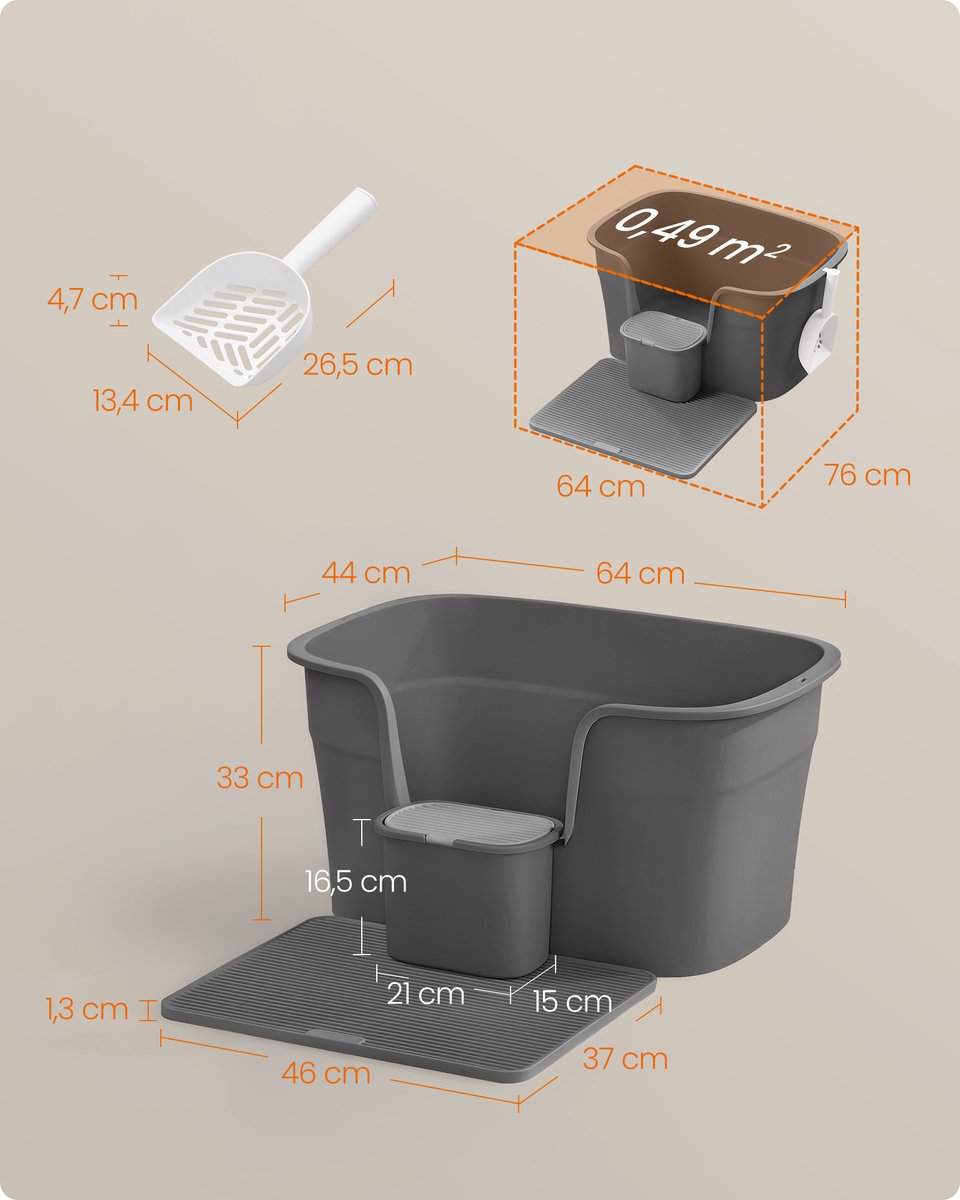 Miniatuur van productfoto 3 van Feandrea - Kattenbak - Grote met Hoge Zijkanten - Inclusief Kattenmat en Schep - Met Opbergvak
