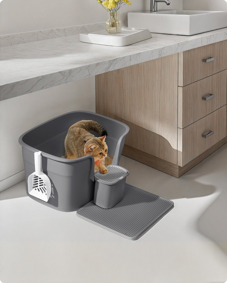 Miniatuur van productfoto 4 van Feandrea - Kattenbak - Grote met Hoge Zijkanten - Inclusief Kattenmat en Schep - Met Opbergvak