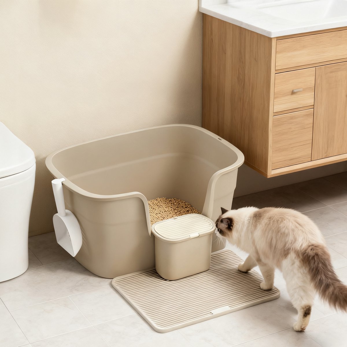 Miniatuur van productfoto 4 van Feandrea - Kattenbak - Grote met Hoge Zijkanten - Inclusief Kattenmat en Schep - Met Opbergbox
