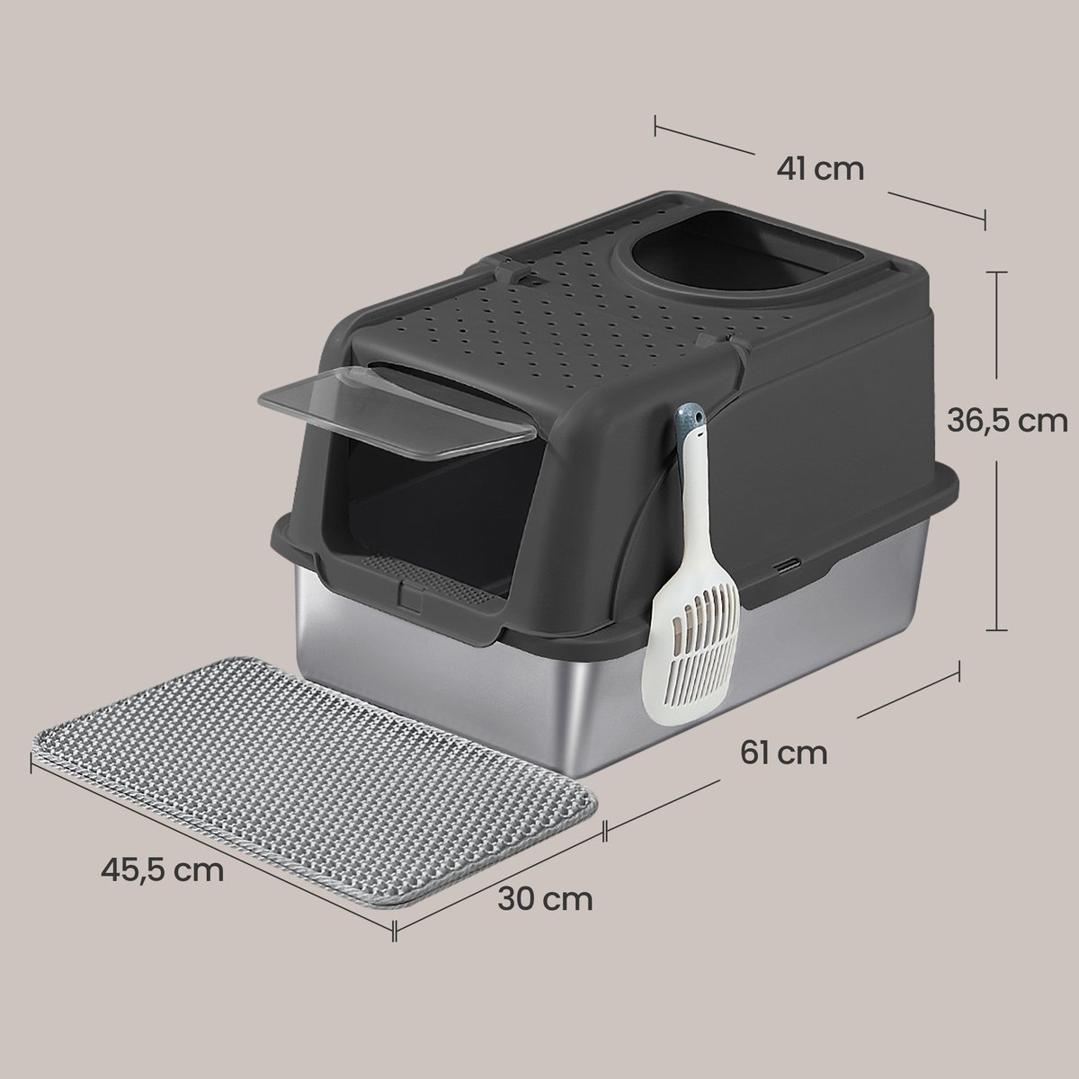 Miniatuur van productfoto 3 van Feandrea - Kattenbak - Van Roestvrij Staal met Deksel - Inclusief Schep Borstel en 2 Ingangen