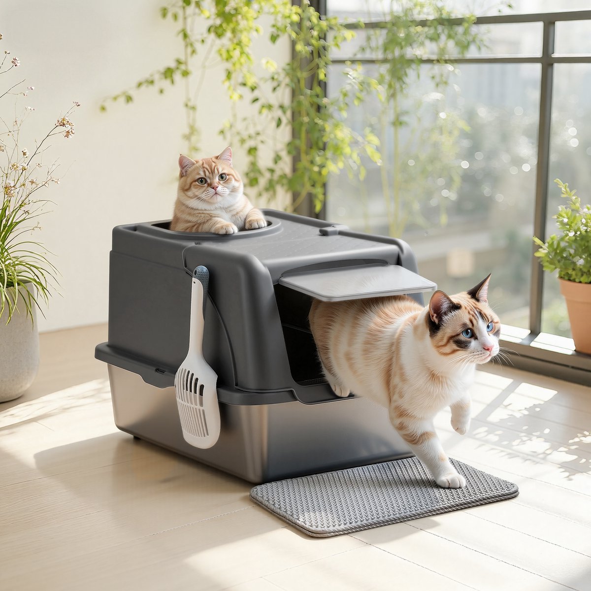 Miniatuur van productfoto 4 van Feandrea - Kattenbak - Van Roestvrij Staal met Deksel - Inclusief Schep Borstel en 2 Ingangen