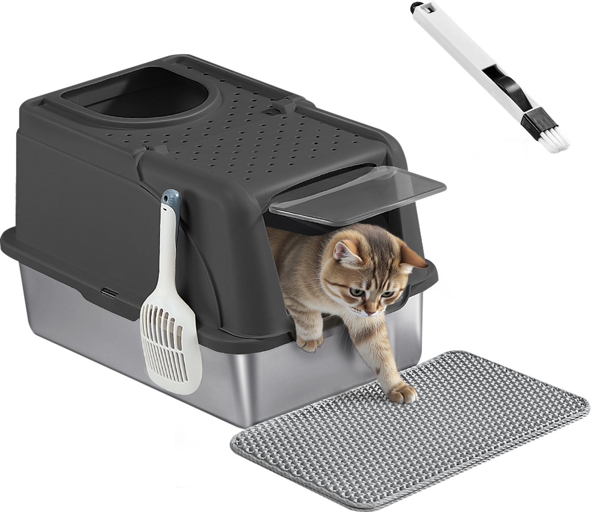 Miniatuur van productfoto 6 van Feandrea - Kattenbak - Van Roestvrij Staal met Deksel - Inclusief Schep Borstel en 2 Ingangen