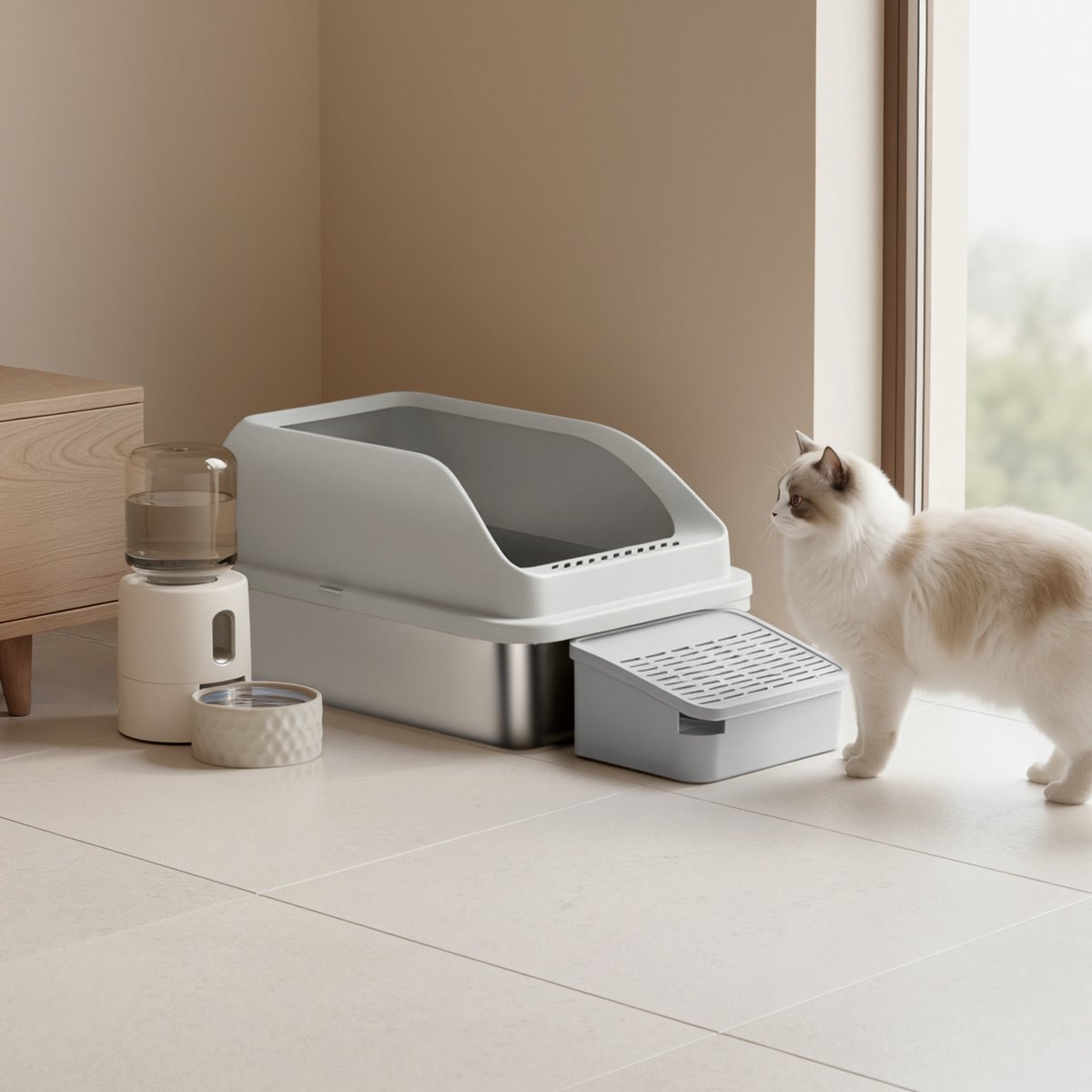 Miniatuur van productfoto 4 van Feandrea - Kattenbak - Met Hoge Zijkanten - Ruim - Inclusief Schep en Borstel