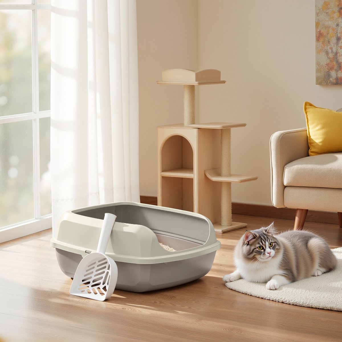 Miniatuur van productfoto 5 van Feandrea - Kattenbak - Met Hoge Zijkanten - Open Katten Toilet - Inclusief Schepje