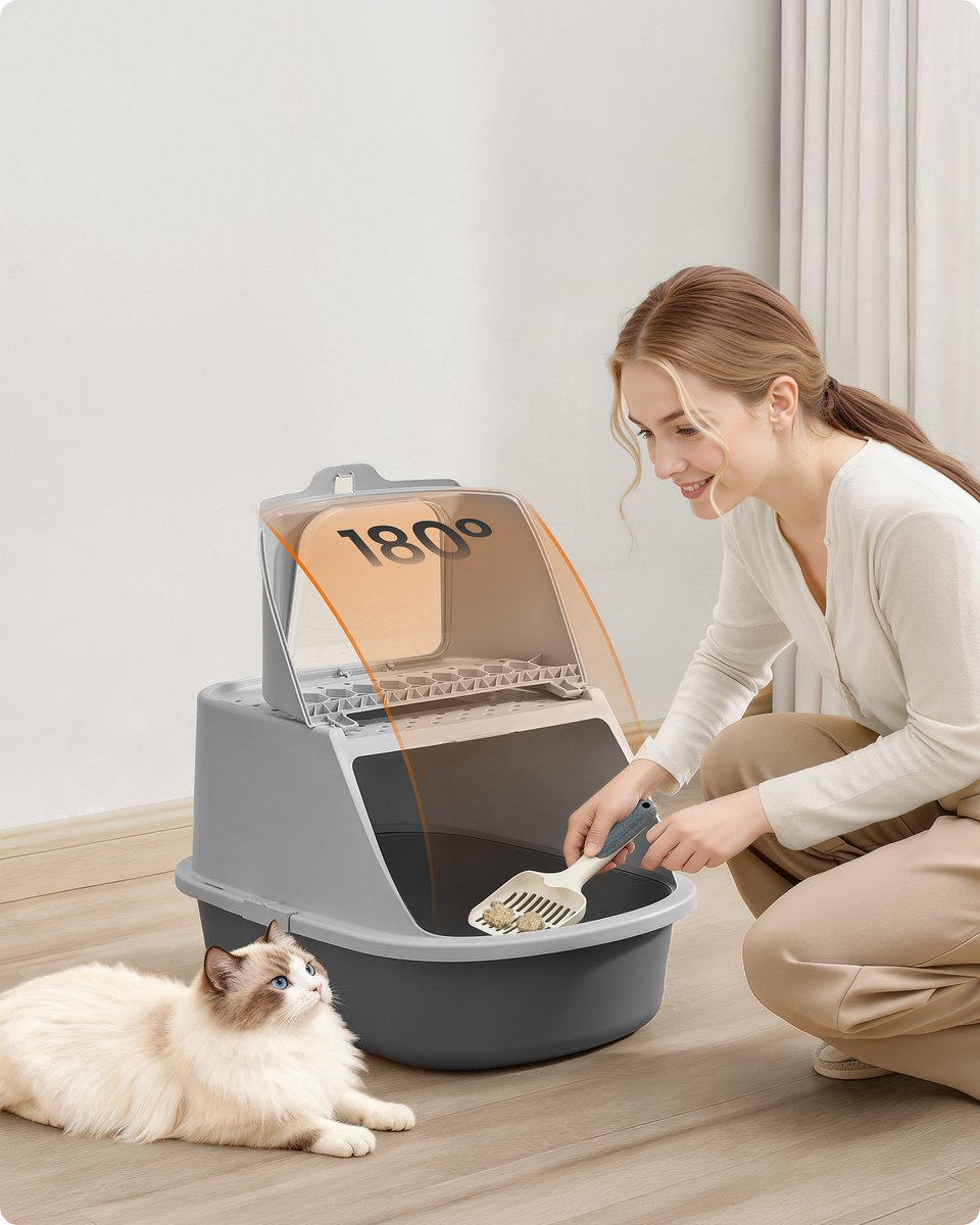 Miniatuur van productfoto 4 van Feandrea - Kattenbak - Met Deksel - Inclusief Schep en Borstel - Voor Katten tot 15 kg