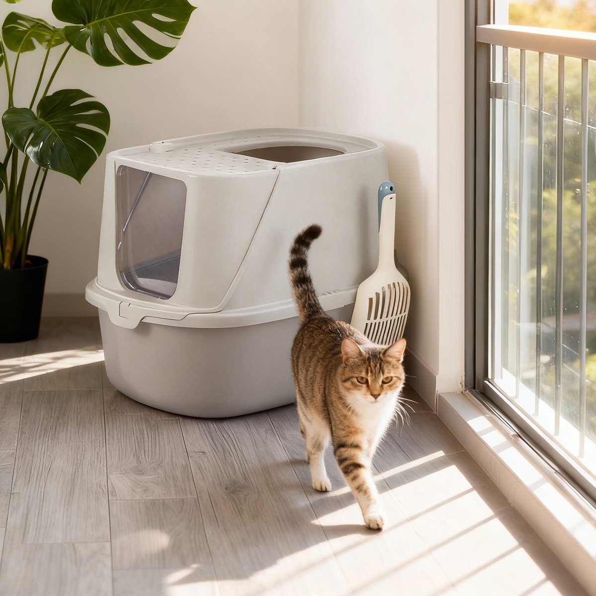 Miniatuur van productfoto 4 van Feandrea - Kattenbak - Met Deksel - Inclusief Schep en Borstel - Voor Katten tot 15 kg