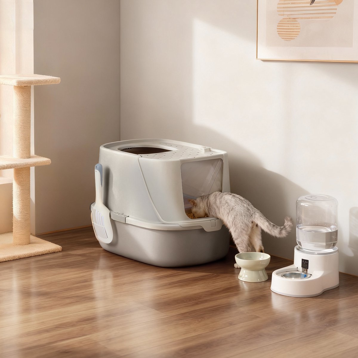 Miniatuur van productfoto 5 van Feandrea - Kattenbak - Met Deksel - Inclusief Schep en Borstel - Voor Katten tot 15 kg