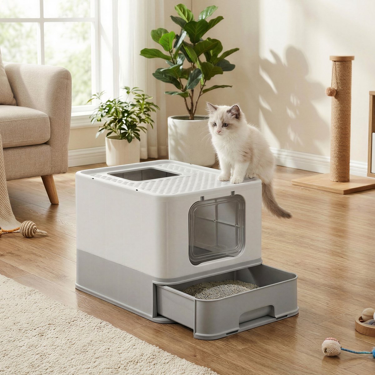 Miniatuur van productfoto 4 van Feandrea - Kattenbak - Met Deksel - Uittrekbare Lade - Lekvrij en Minder Sporen