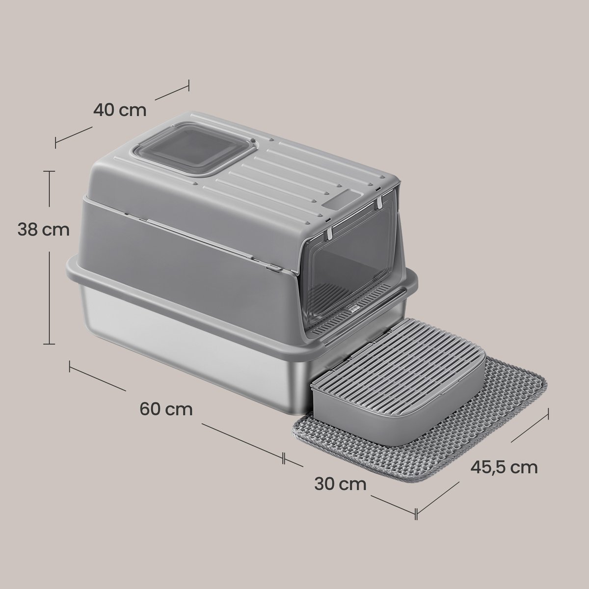 Miniatuur van productfoto 3 van Feandrea - Kattenbak - Van Roestvrij Staal - Met Deksel en Schep - 2 Ingangen - Inclusief Mat