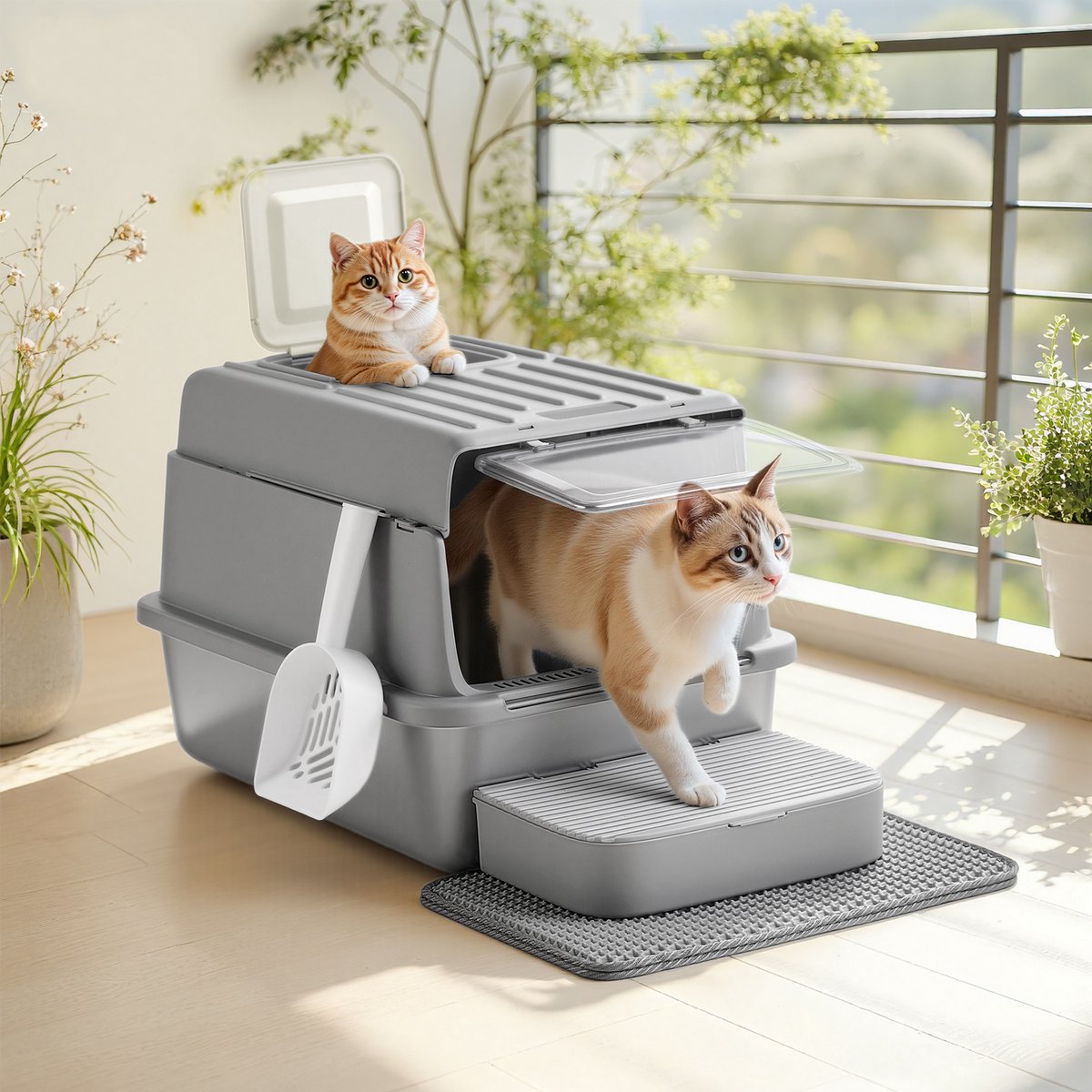 Miniatuur van productfoto 4 van Feandrea - Kattenbak - Van Roestvrij Staal - Met Deksel en Schep - 2 Ingangen - Inclusief Mat