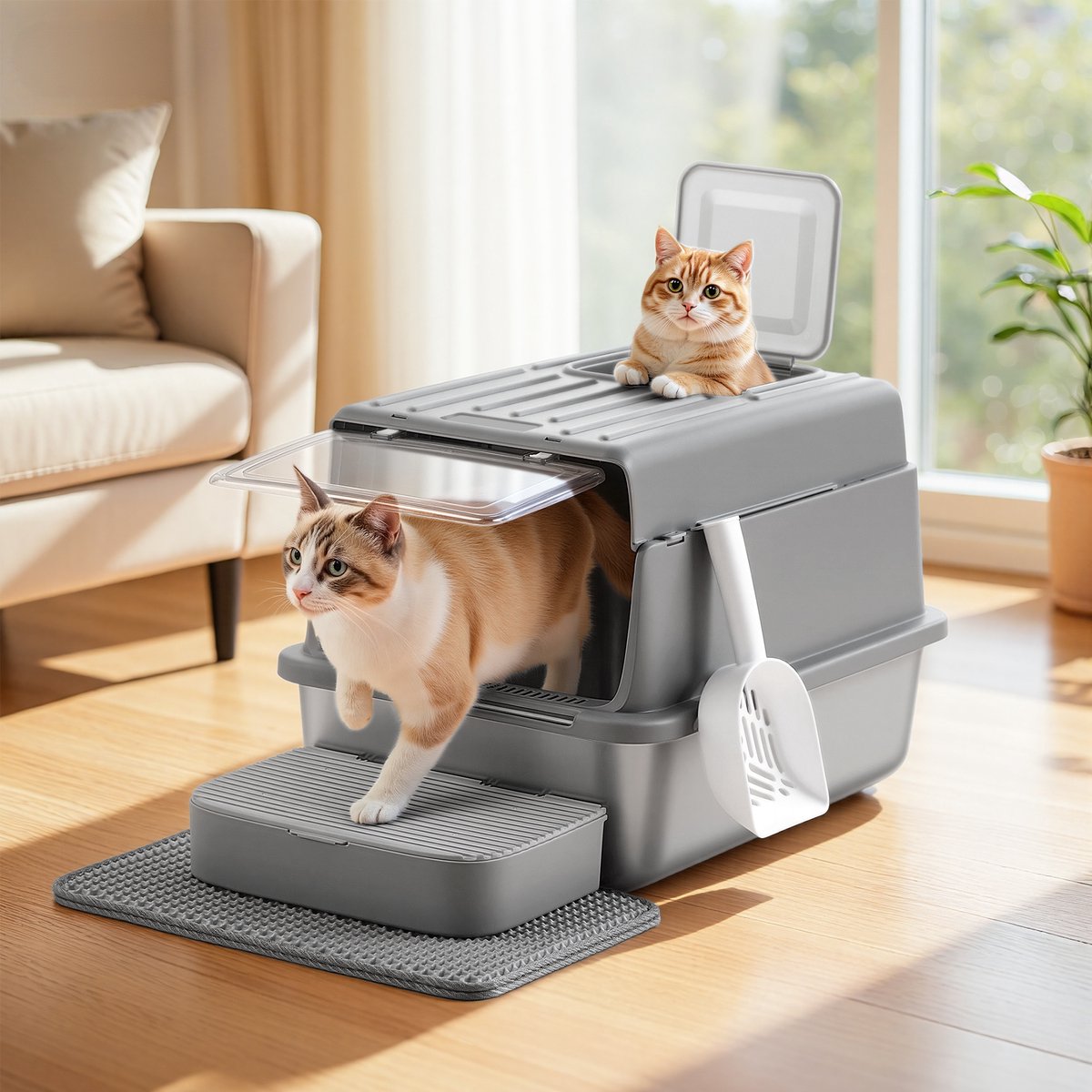 Miniatuur van productfoto 5 van Feandrea - Kattenbak - Van Roestvrij Staal - Met Deksel en Schep - 2 Ingangen - Inclusief Mat