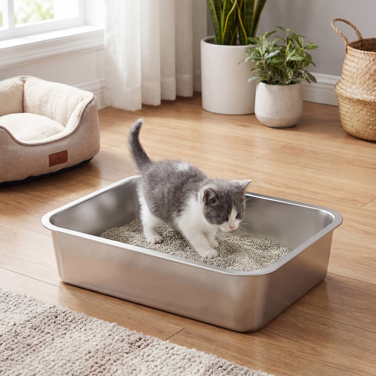 Miniatuur van productfoto 4 van Feandrea - Kattenbak - Kattenbak van Roestvrij Staal - Met Schepje - Open Ontwerp voor Kleine Katten