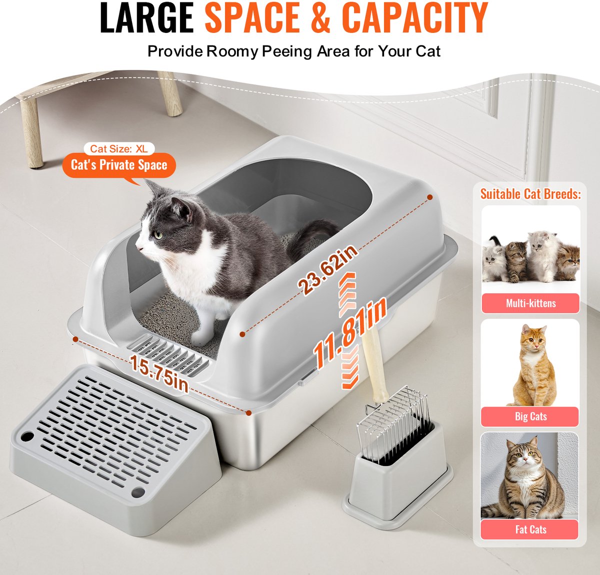 Miniatuur van productfoto 4 van VEVOR 152,4mm Kattentoilet Open Kattentoilet Lichtgrijs