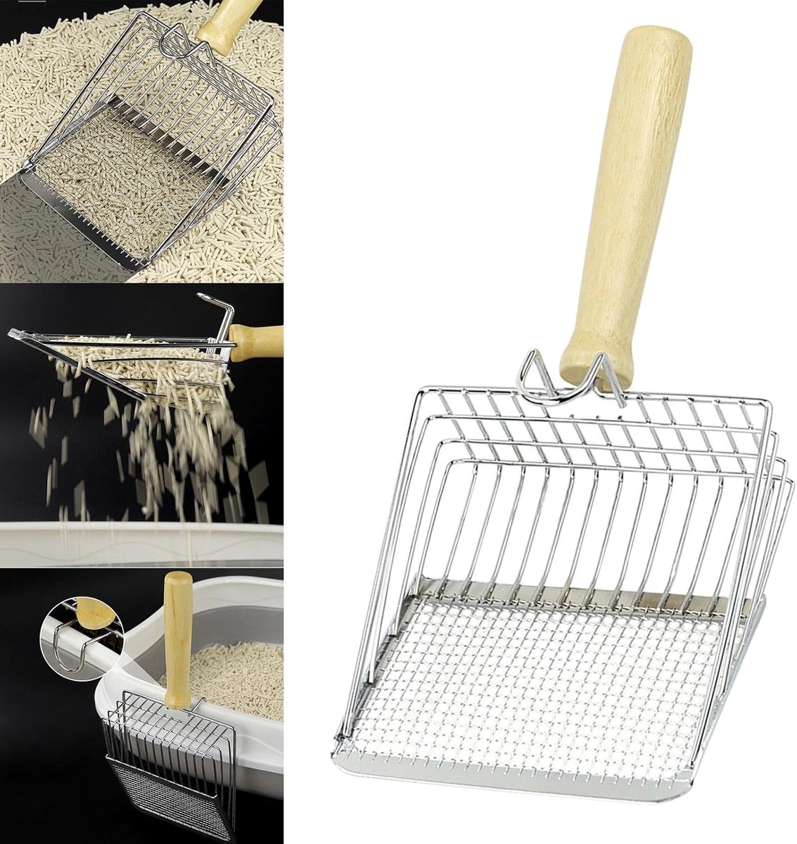 Roestvrijstalen Kattenbakschep met Houten Handvat - Twee-in-een Functie - Standaard Inclusief