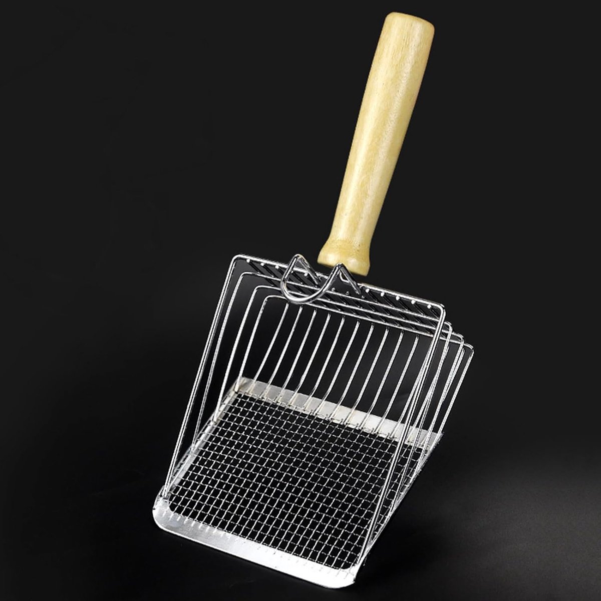 Miniatuur van productfoto 2 van Roestvrijstalen Kattenbakschep met Houten Handvat - Twee-in-een Functie - Standaard Inclusief