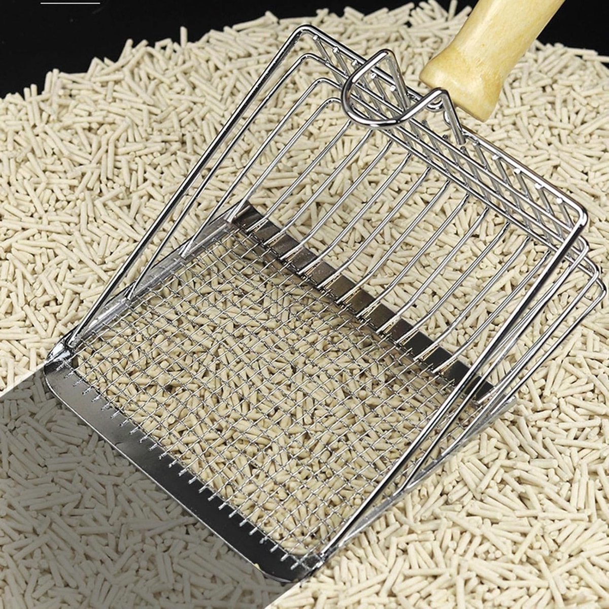 Miniatuur van productfoto 3 van Roestvrijstalen Kattenbakschep met Houten Handvat - Twee-in-een Functie - Standaard Inclusief