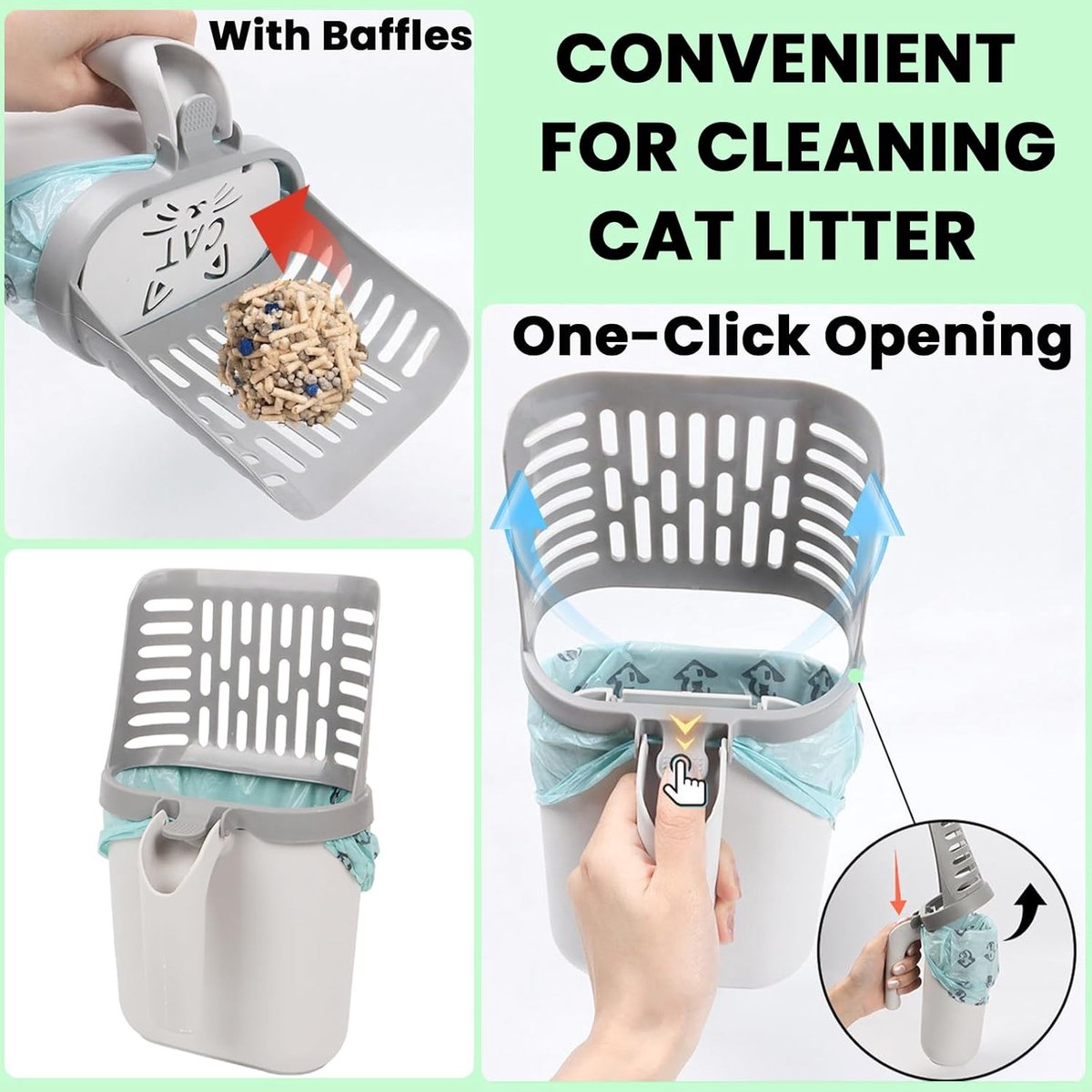 Kattenbakschep met Container – Kattenbak schep - Reinigen van Kattenbakvulling – Ergonomisch & Vuilvrij - Met 8 Rollen Zakjes – Grijs