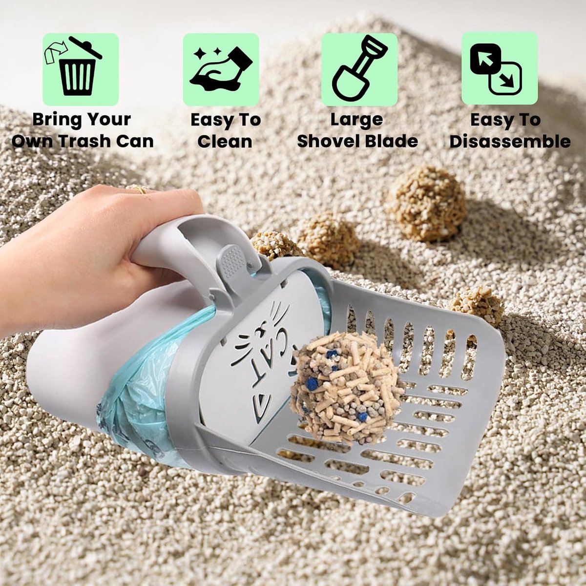 Miniatuur van productfoto 3 van Kattenbakschep met Container – Kattenbak schep - Reinigen van Kattenbakvulling – Ergonomisch & Vuilvrij - Met 8 Rollen Zakjes – Grijs