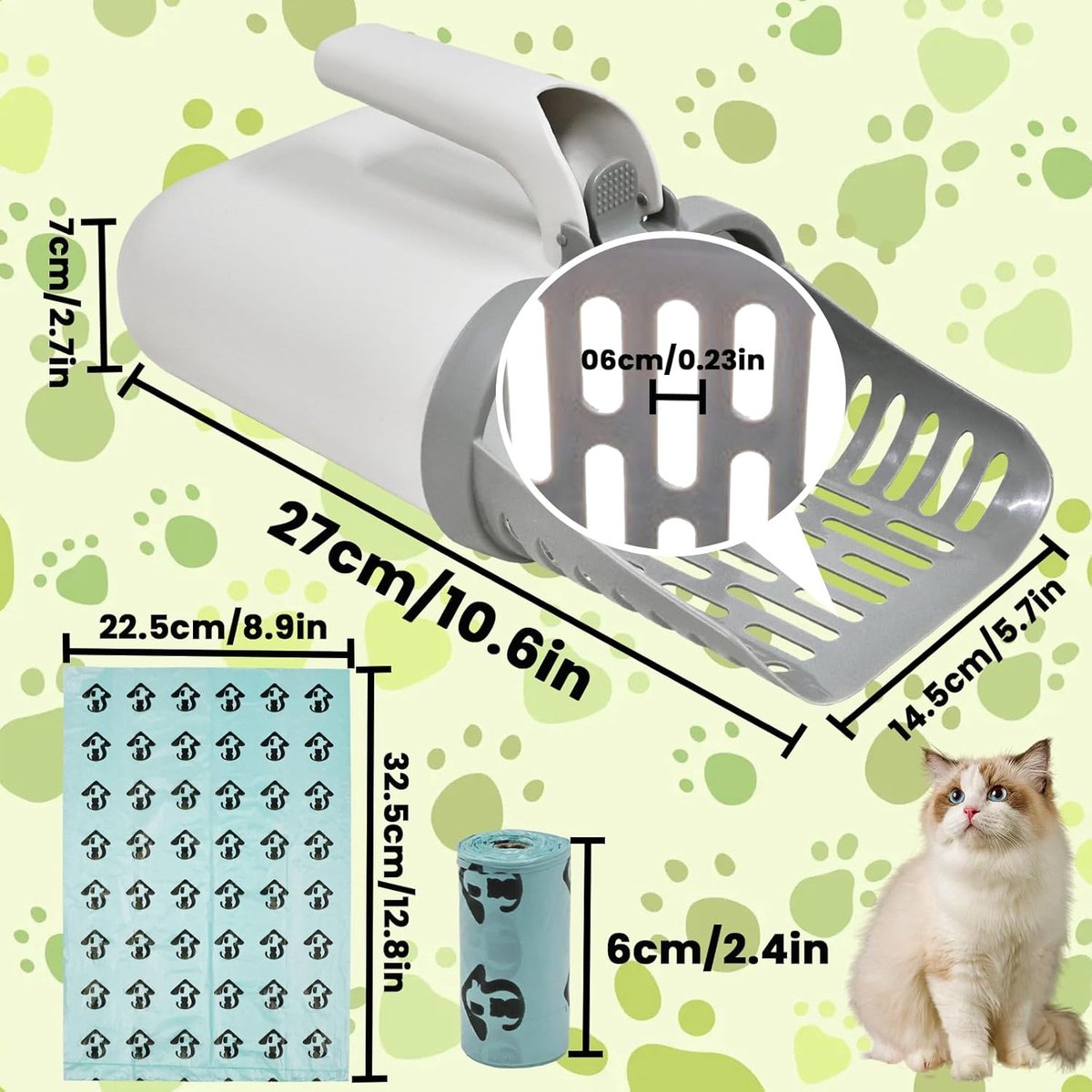 Miniatuur van productfoto 5 van Kattenbakschep met Container – Kattenbak schep - Reinigen van Kattenbakvulling – Ergonomisch & Vuilvrij - Met 8 Rollen Zakjes – Grijs