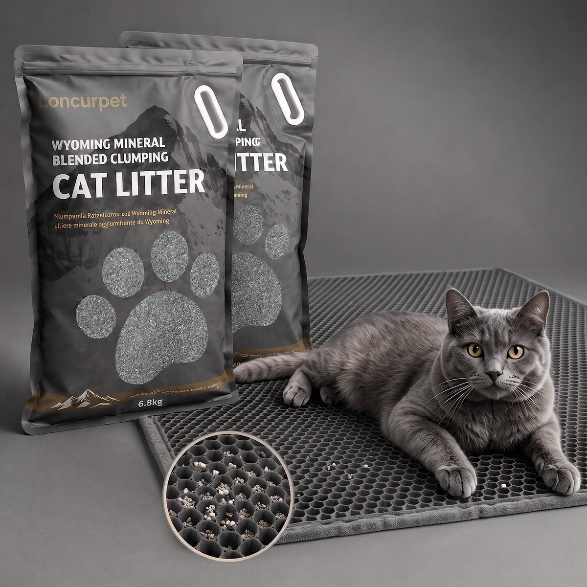 Miniatuur van productfoto 6 van Loncurpet Kattenbakmat - Kattenbak mat Met Wyoming Natrium Bentoniet Klei +Cassava Kattenbakvulling - 60x40cm Grijs - Grit opvanger Met Kattenbakvulling Opvang ruimte - Honingraatstructuur - Waterdicht - Eco friendly - Uitloopmat