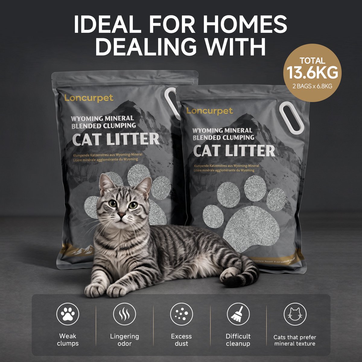Miniatuur van productfoto 4 van Loncurpet - kattenbakvulling - kattengrind - Wyoming Natrium Bentoniet Klei +Cassava - 2 x 6,8kg - Ultra klontvormend - 100% stofvrij - Plakt niet - Geurneutraal