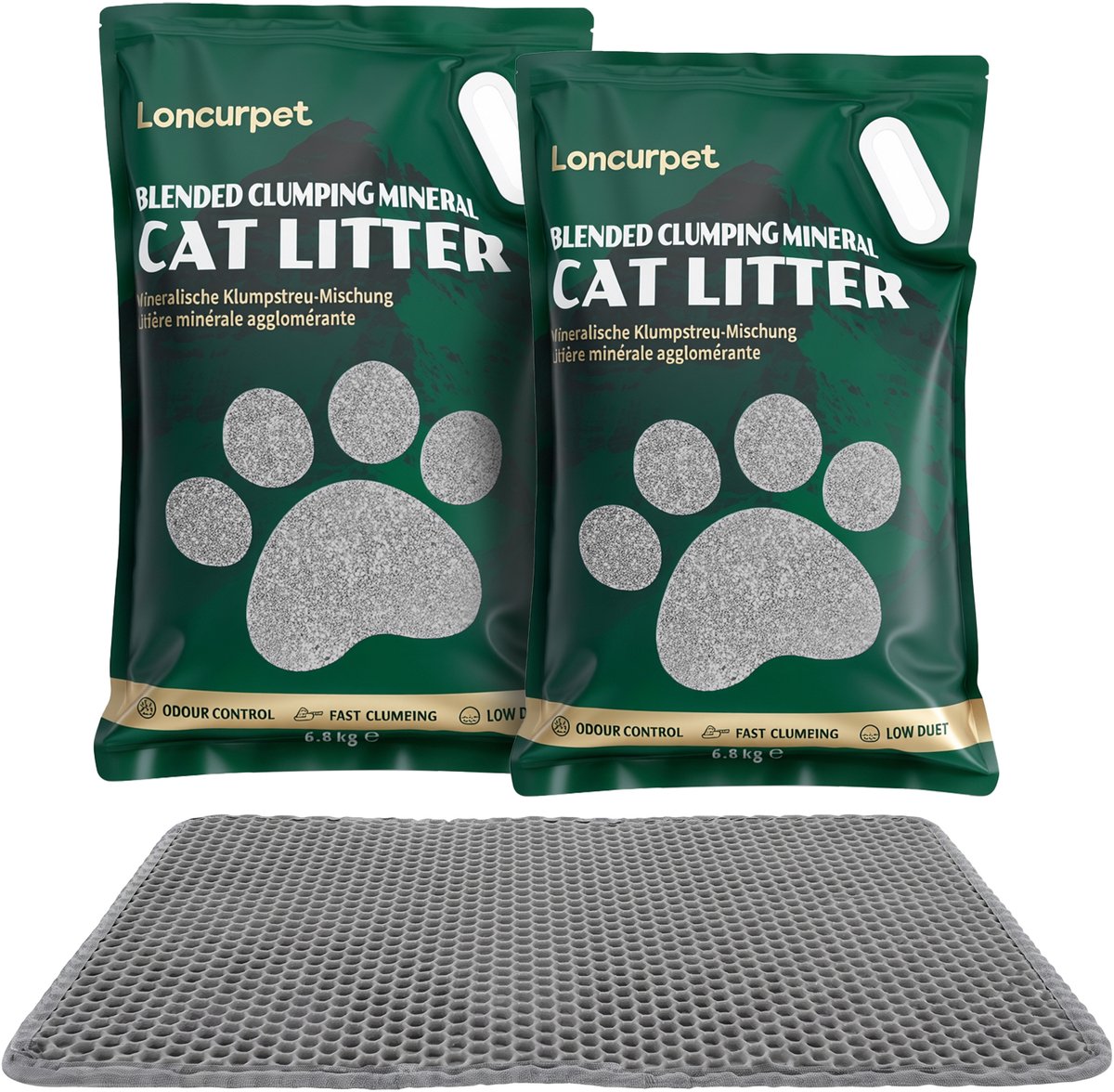 Miniatuur van productfoto 3 van Loncurpet - Kattenbakvulling - Met Kattenbakmat - Natuurlijk Ruw Erts Gemengd Kattengrind - 2 x 6,8kg - Sterke Klontvorming - Stofarme Formule - Geurneutraal - Geen vastplakresten