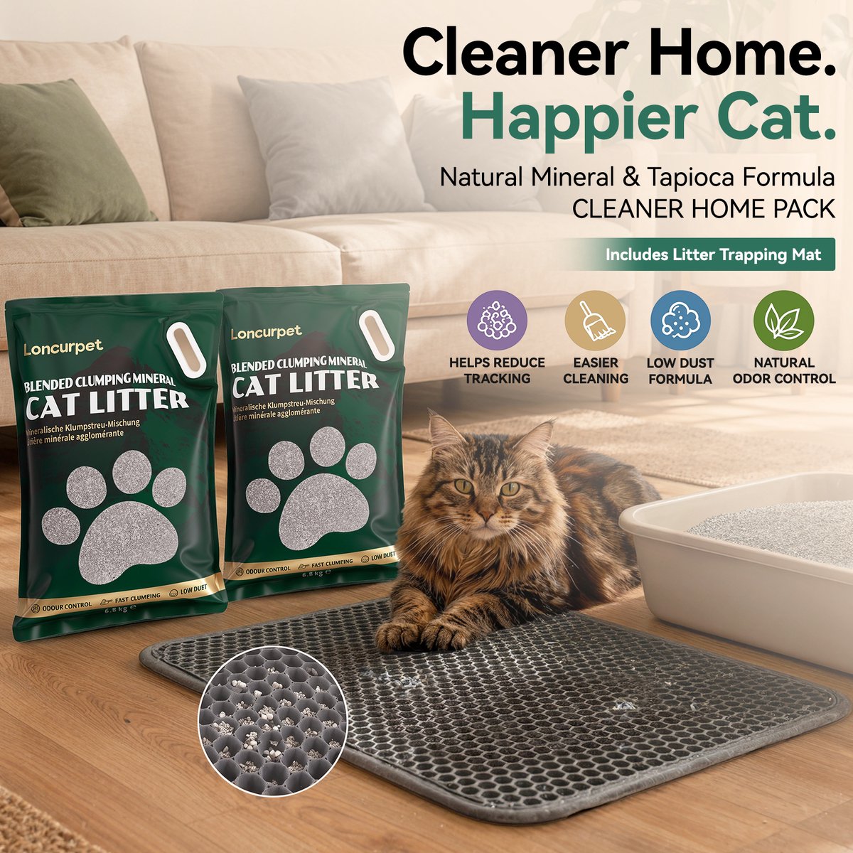 Miniatuur van productfoto 4 van Loncurpet - Kattenbakvulling - Met Kattenbakmat - Natuurlijk Ruw Erts Gemengd Kattengrind - 2 x 6,8kg - Sterke Klontvorming - Stofarme Formule - Geurneutraal - Geen vastplakresten