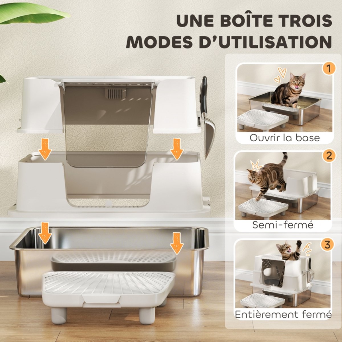 Miniatuur van productfoto 3 van Daity 1 stuk - XL roestvrijstalen kattenbak voor grote katten, 100° draaibaar deksel, schepje, 60,2 x 40,2 x 44,5 cm, lichtgrijs
